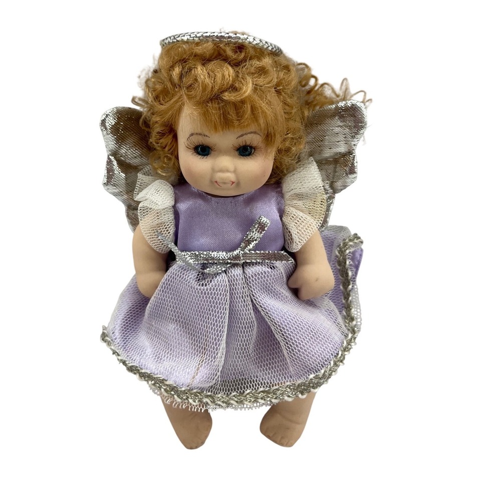 Vintage‎ Porcelain Baby Angel Doll Purple Silver Dress Wings Halo 6 Inch Cherub